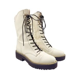 Sam Edelman Ivory Leather Combat Lace Up Mid-Calf Boots - Size 7